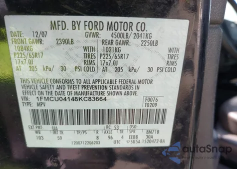 2008 Ford Escape Limited from USA, damaged, VIN 1FMCU04148KC83664